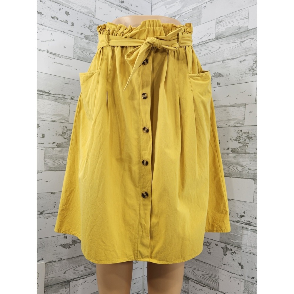 Sadie & Love Mustard Yellow Cotton Paperbag Waist Button Front Midi Skirt XL